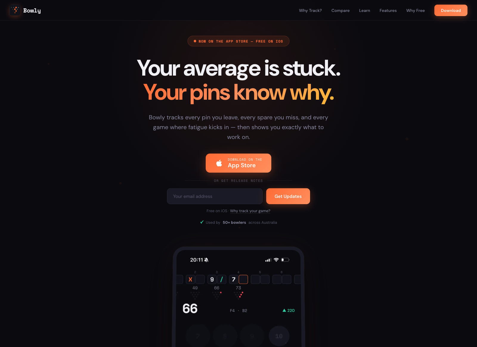 Bowly hero — dark background with the headline 'Your average is stuck. Your pins know why.' and an iOS App Store CTA.